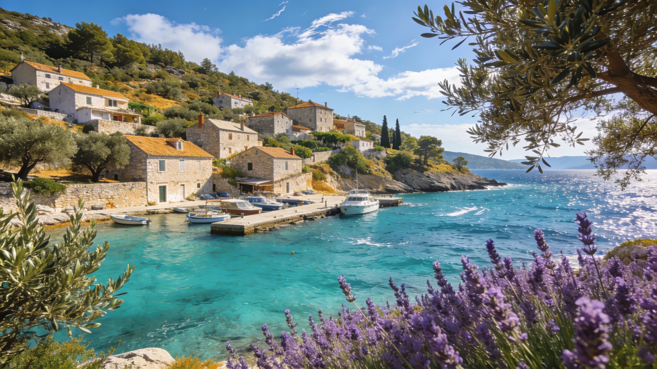 Chorvátske pobrežie s kamennými domčekmi a tyrkysovým morom