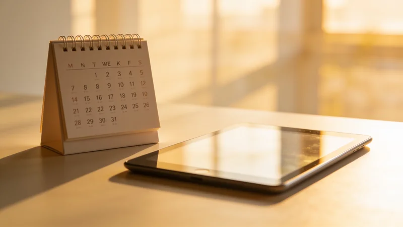 Kalendár s číslami týždňov a digitálny tablet zobrazený na stole