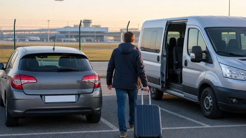 Cestujúci s kufrom odchádza od auta na parkovisku pri letisku