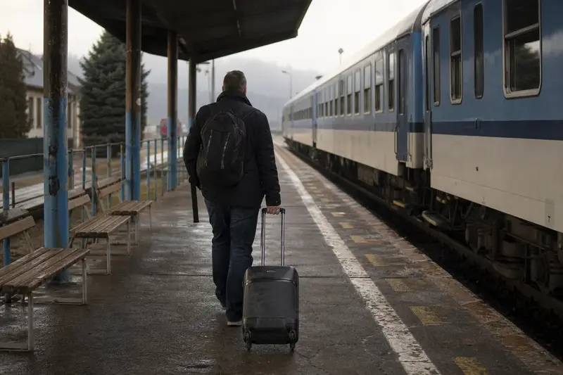 Cestujúci s kufrom kráča po nástupišti stanice počas zamračeného rána.