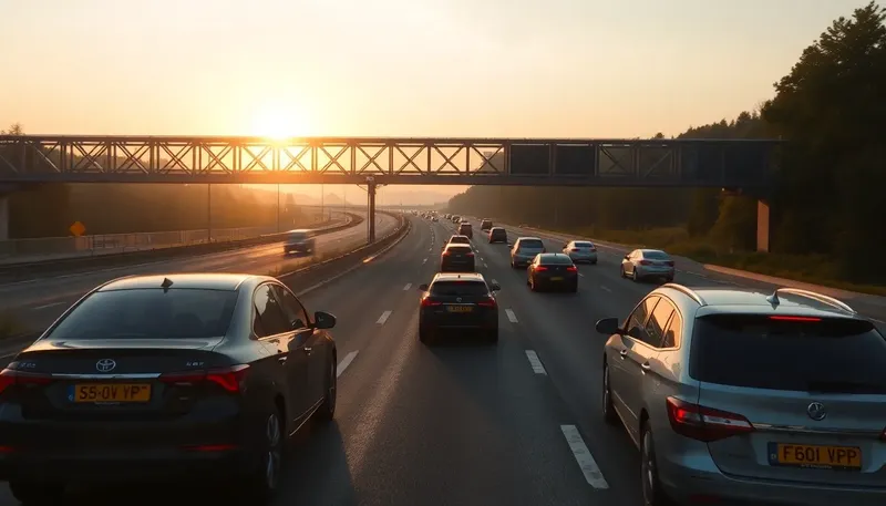 Diaľnica plná áut pri západe slnka