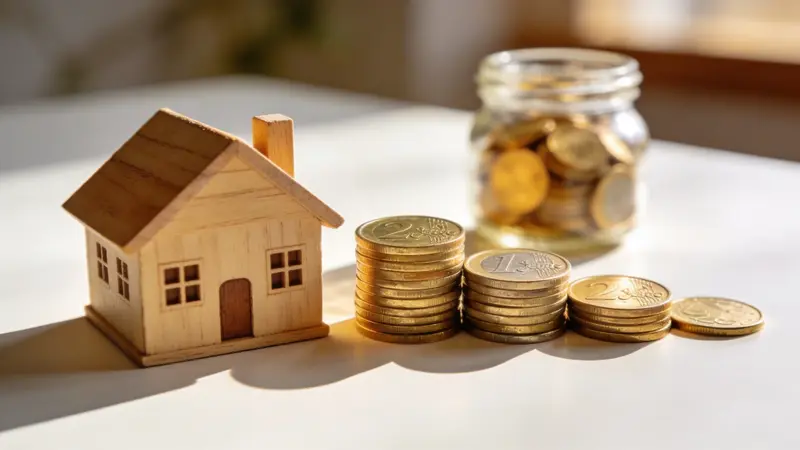 Financie - stavebné sporenie: model domu a mince