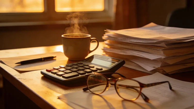 Živnostník pri práci s daňovými dokladmi a kalkulačkou