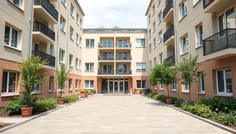 Upravený vnútorný dvor bytového domu so zeleňou