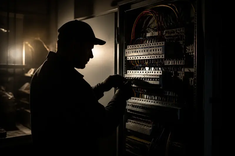 Elektrikár v siluete pred stenou s elektrickým rozvádzačom