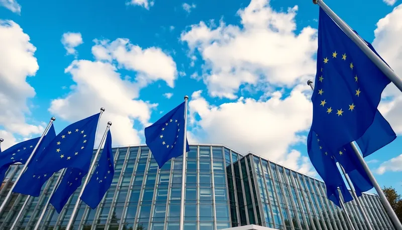 Vlajky Európskej únie pred modernou budovou