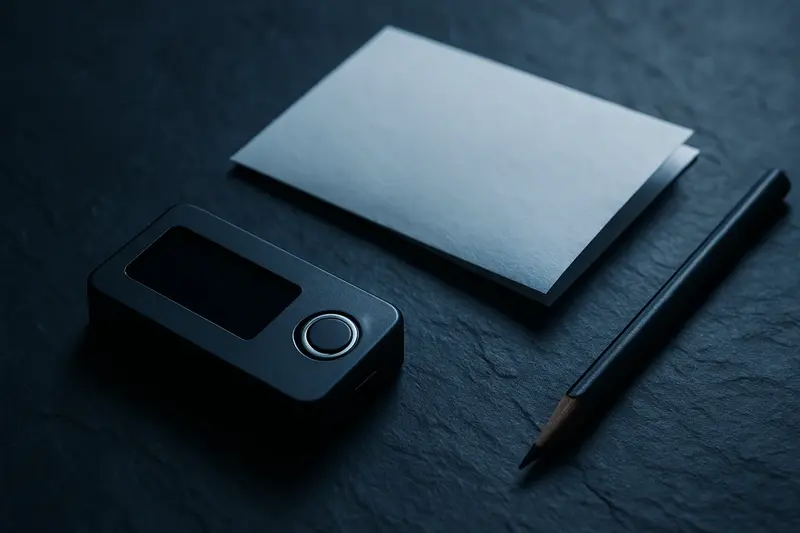 Hardvérová kryptopeňaženka a papier so zápisom vedľa nej