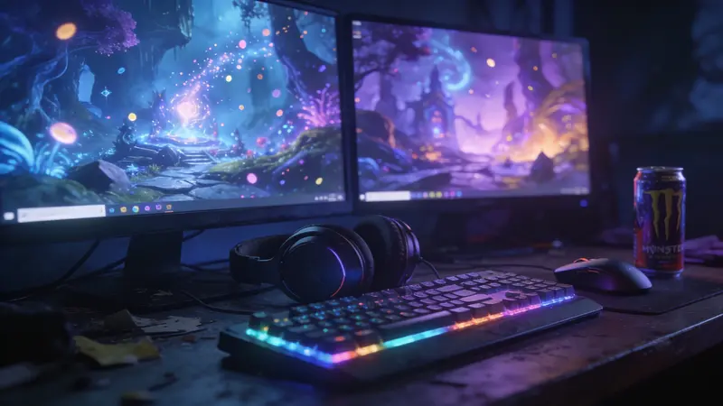 Herný setup s dvoma monitormi v tmavej miestnosti, mechanická klávesnica s RGB podsvietením