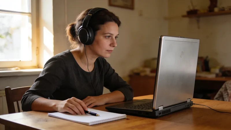 Žena so slúchadlami sedí pri stole s notebookom a papierovým blokom