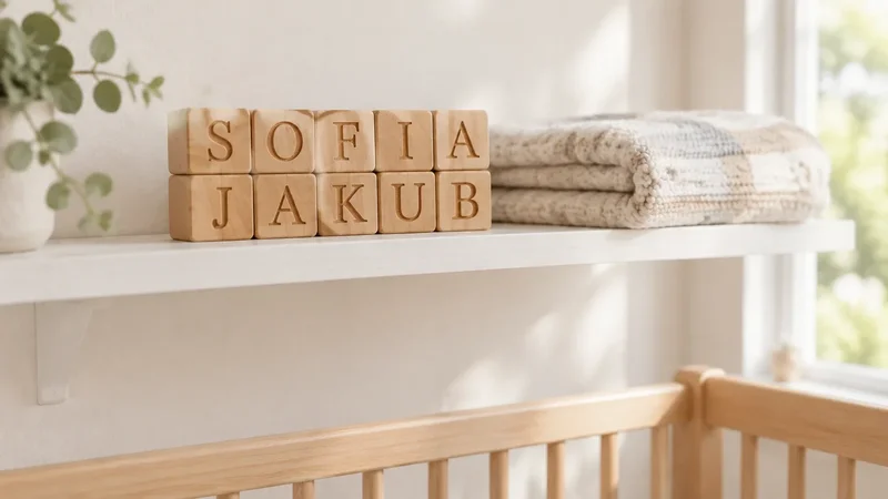 Drevené kocky s menami Sofia a Jakub na poličke nad detskou postieľkou