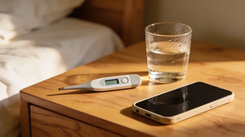 Smartfón s notifikáciou, digitálny teplomer a pohár vody na nočnom stolíku