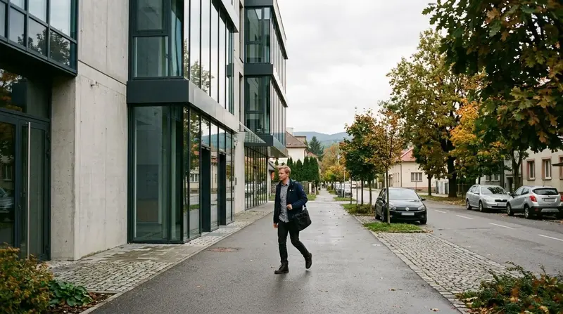 Moderná banková budova v slovenskom meste, okoloidúci na chodníku.