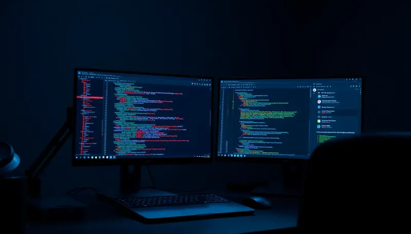 Dva monitory s programovacím kódom v tmavej miestnosti