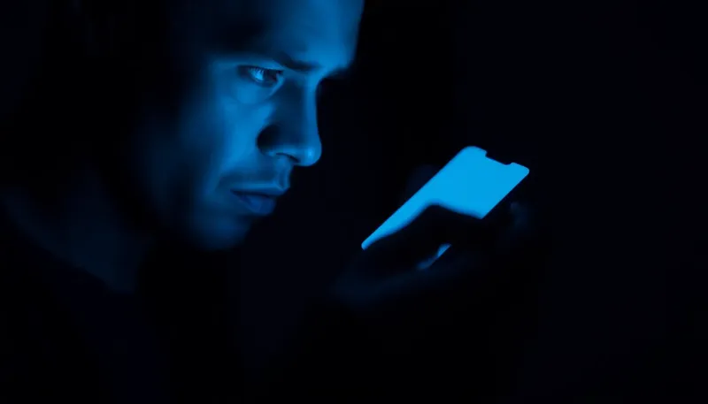 Muž pozerajúci do svietiaceho telefónu v tme