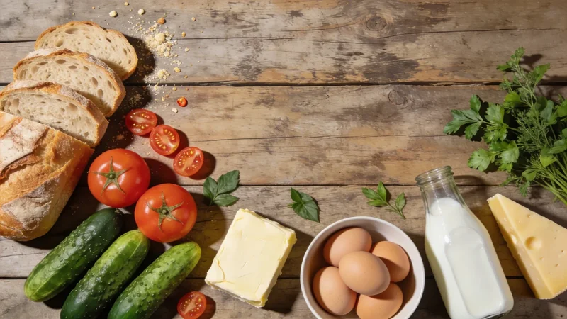 Porovnanie nákupov – kvalitné potraviny na drevenom stole