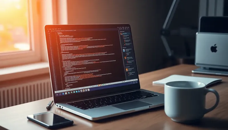 Notebook s kódom na stole pri okne s kávou