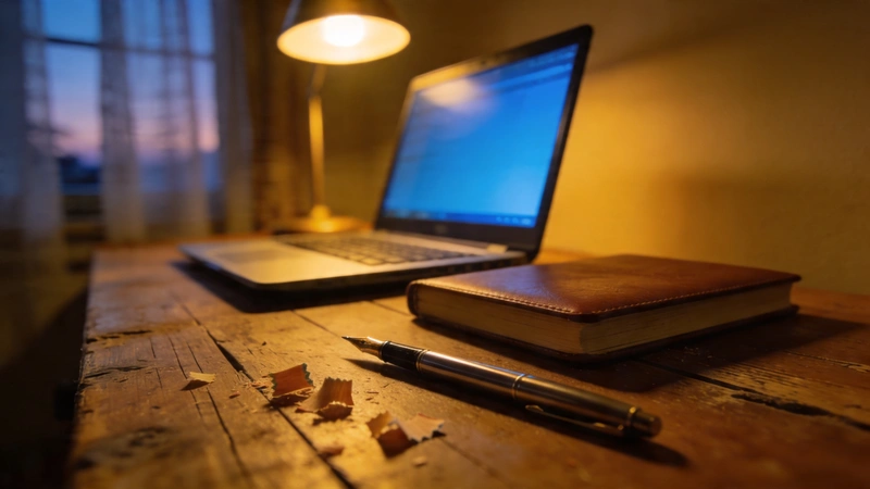 Vzdelávanie – notebook a zošit pri večernom štúdiu doma