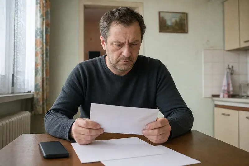 Muž pri kuchynskom stole so znepokojeným výrazom drží obálku, vedľa leží telefón