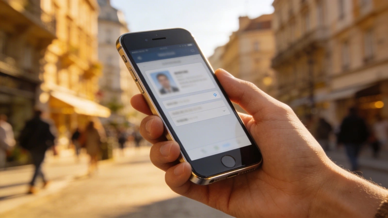 Ruka držiaca smartfón s digitálnym občianskym preukazom na ulici