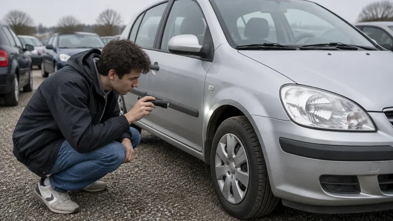 Mladý muž si pred kúpou baterkou prezerá karosériu ojazdeného malého auta