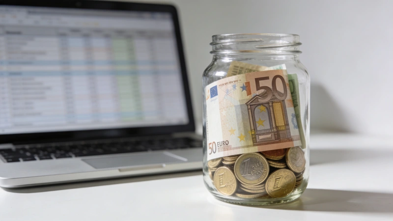 Pohár plný euro mincí vedľa bankoviek, laptop s tabuľkou v pozadí - šetrenie