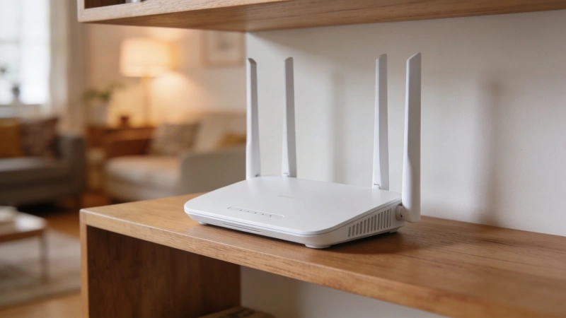 Moderný biely WiFi router na poličke v obývačke