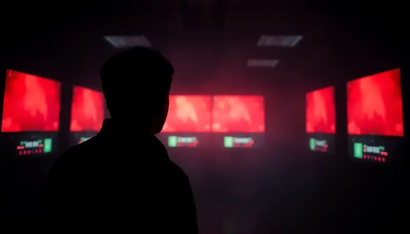 Silueta osoby pred červenými obrazovkami v tmavej miestnosti