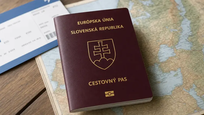 Slovenský cestovný pas s palubným lístkom na mape Európy