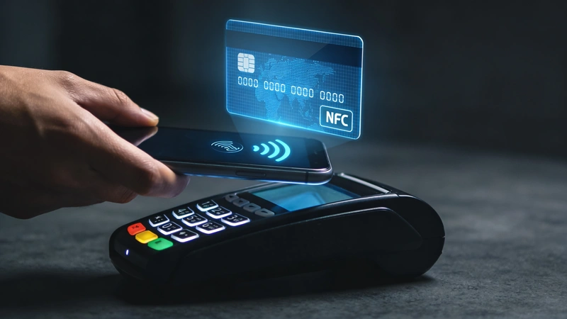 Smartphone priložený k platobného terminálu - bezkontaktná NFC platba