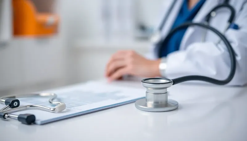 Zdravie – stetoskop na stole a lekár v pozadí