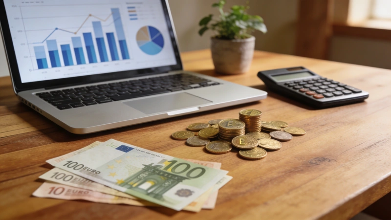 Pracovný stôl s euro mincami, bankovkami a laptopom - príjmová diverzifikácia