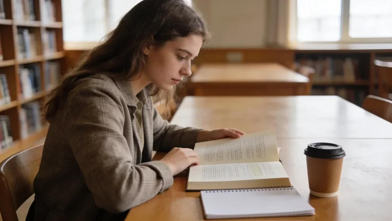 Študentka pri štúdiu kníh v tichej univerzitnej knižnici