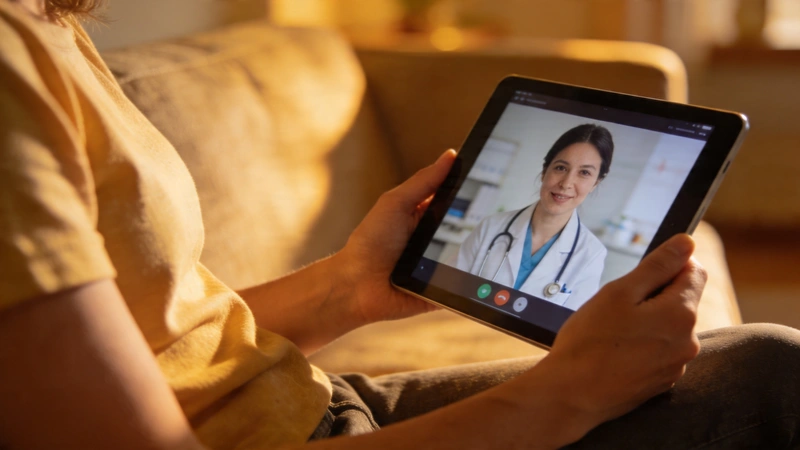 Zdravie - tablet s videohovorom na pohovke pri lekárskej konzultácii