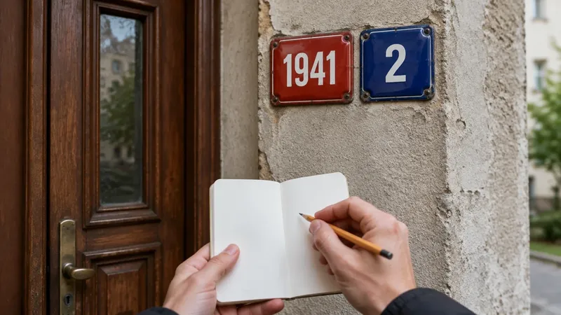 Červená tabuľka so súpisným číslom 1941 a modrá s orientačným číslom 2 pri vchode do domu, ruka si čísla zapisuje do zápisníka