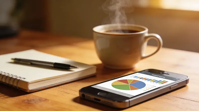 Telefón s investičnou aplikáciou a grafom portfólia na stole