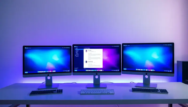 Tri monitory s AI chatbotmi na stole s fialovým podsvietením