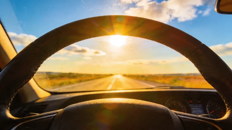 Doprava - volant auta z perspektívy vodiča na osvetlenej ceste