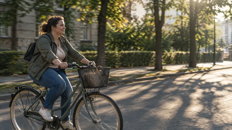 Žena ide ráno na bicykli do práce