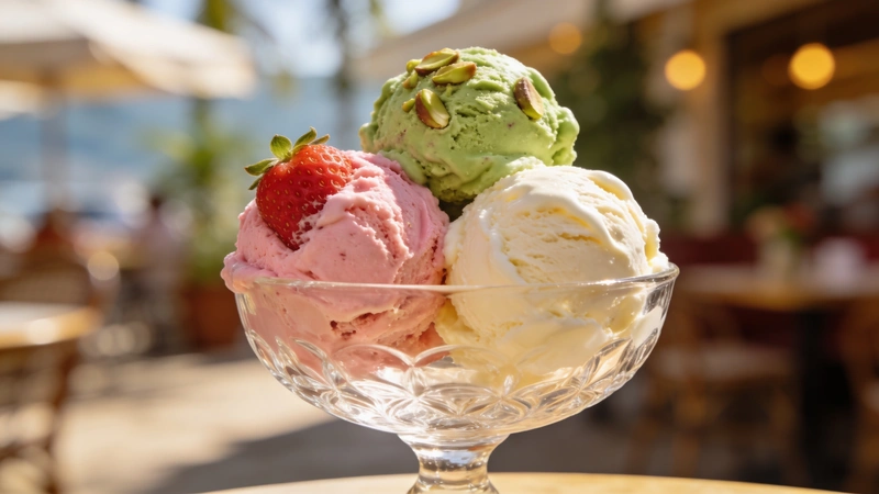 Kopčeky remeselnej zmrzliny v pohári, letná atmosfera cukrárne