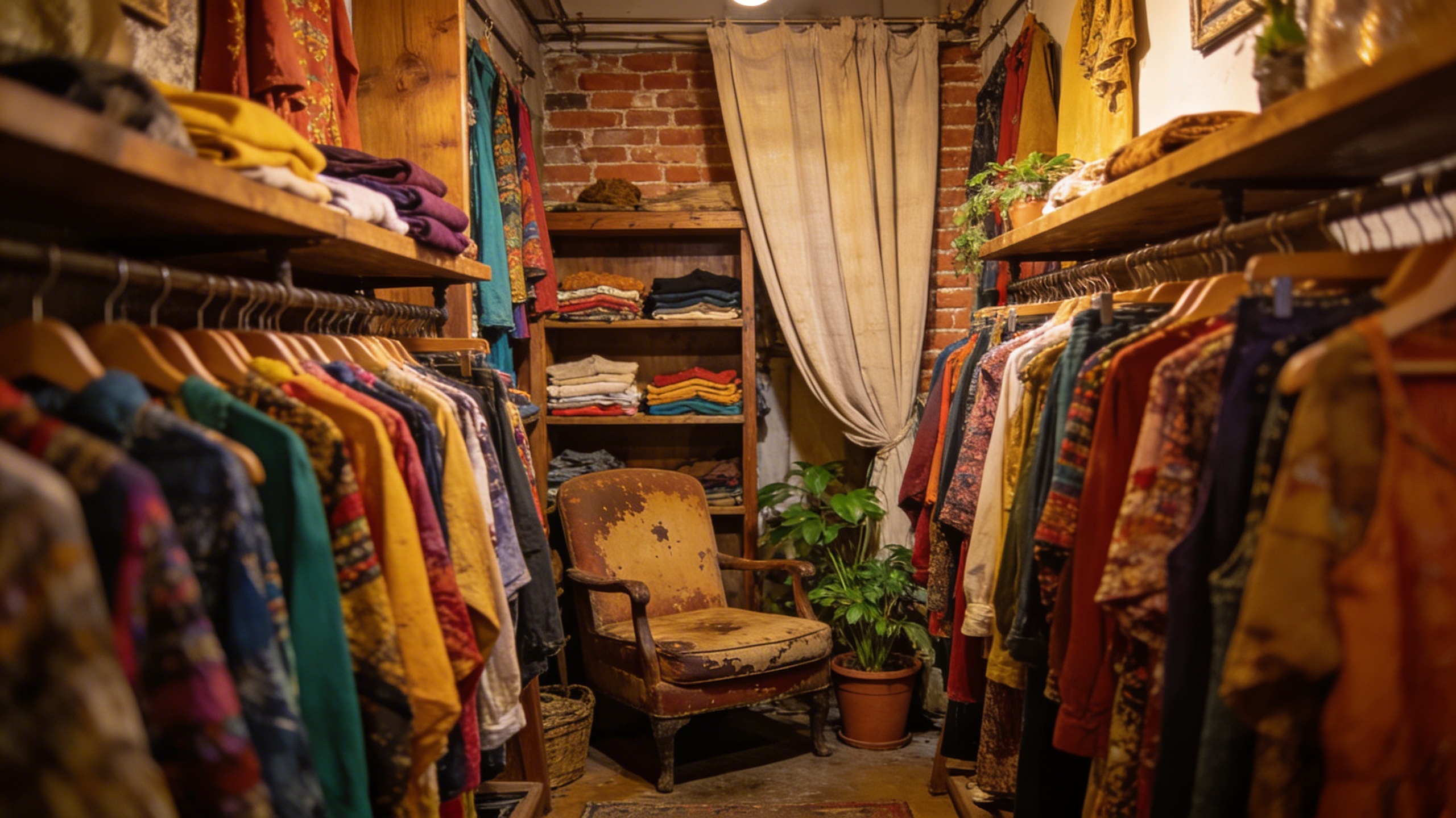 Útulný second hand obchod s farebnými kúskami na vešiakoch