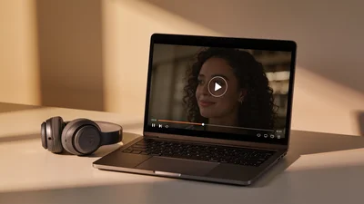 Notebook s otvoreným prehrávačom videa a tlačidlom na stiahnutie