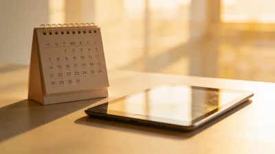 Kalendár s číslami týždňov a digitálny tablet zobrazený na stole