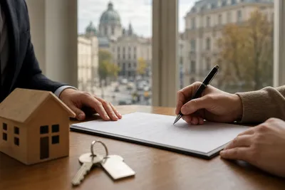 Detail rúk pri podpise nájomnej zmluvy pri drevenej figúrke domu a kľúčoch od bytu, viedenský byt v rozmazanom pozadí
