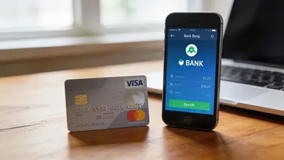 Platobná karta a mobil s bankovou aplikáciou na stole