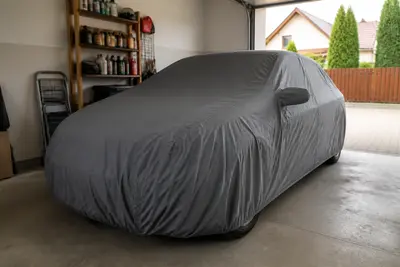 Auto pod plachtou v garáži.