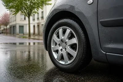 Celoročná pneumatika na malom aute na mokrej mestskej ulici