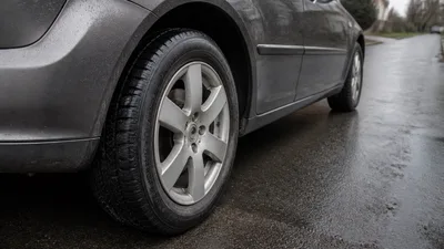 Auto s celoročnou pneumatikou na mokrej ceste pri zimnom okraji lesa