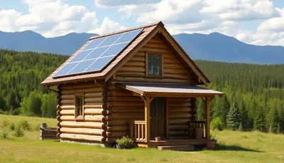 Bývanie – drevená chata so solárnymi panelmi v lese