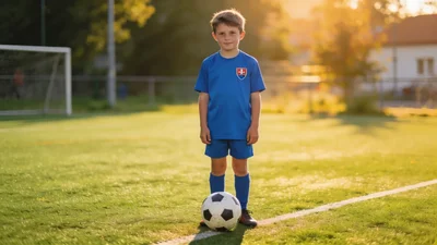 Mladý športovec v tréningovom drese si zaväzuje kopačky na futbalovom ihrisku