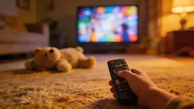 Detská ruka s diaľkovým ovládačom pred rozsvietenou televíznou obrazovkou v obývačke